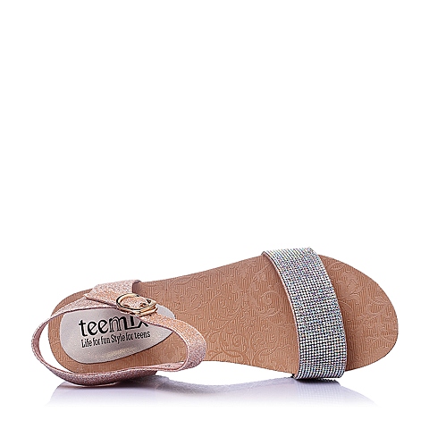 Teenmix/天美意夏季专柜同款浅粉色亮片布坡跟女凉鞋6YE01BL5