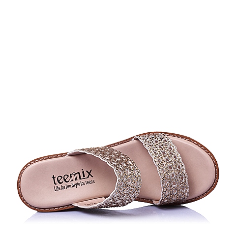 Teenmix/天美意夏季专柜同款黄金布坡跟女鞋6YF10BT5