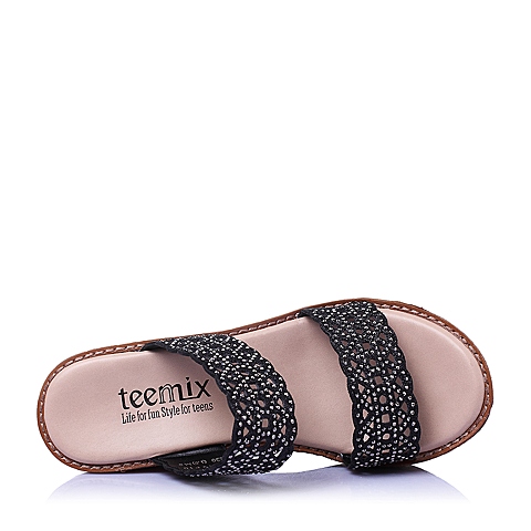 Teenmix/天美意夏季专柜同款黑色亮片布坡跟女鞋6YF10BT5