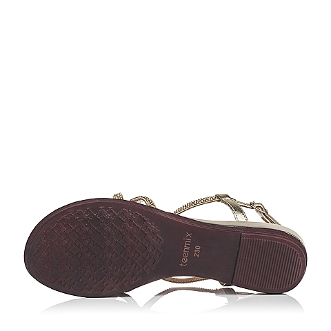 Teenmix/天美意夏季专柜同款金绒布/金属羊皮革坡跟女凉鞋AK65DBL5