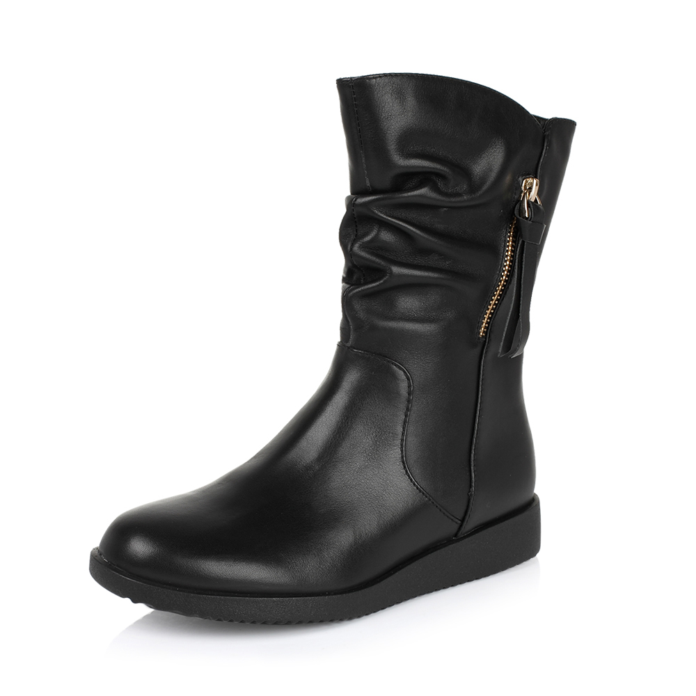 Teenmix/天美意冬季专柜同款黑色牛皮女靴(皮里)6US66DZ5