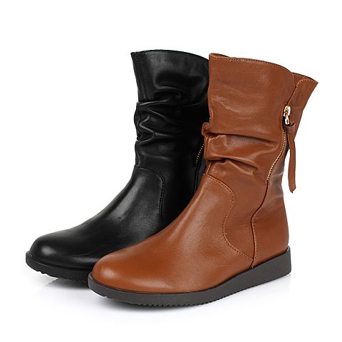 Teenmix/天美意冬季专柜同款黑色牛皮女靴(皮里)6US66DZ5