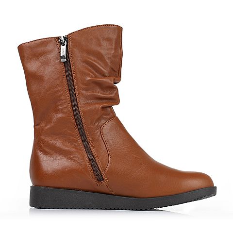 Teenmix/天美意冬季专柜同款啡色小牛皮女靴(皮里)6US66DZ5