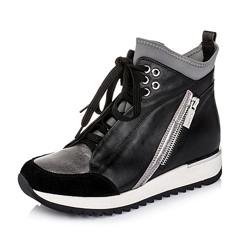 Teenmix/天美意冬季专柜同款黑/银灰色羊皮/牛皮革女皮靴6E740DD5