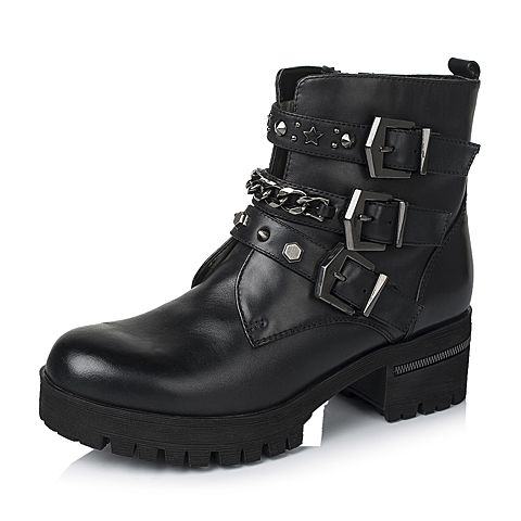 Teenmix/天美意冬季专柜同款黑色打蜡牛皮革女皮靴6SR41DD5