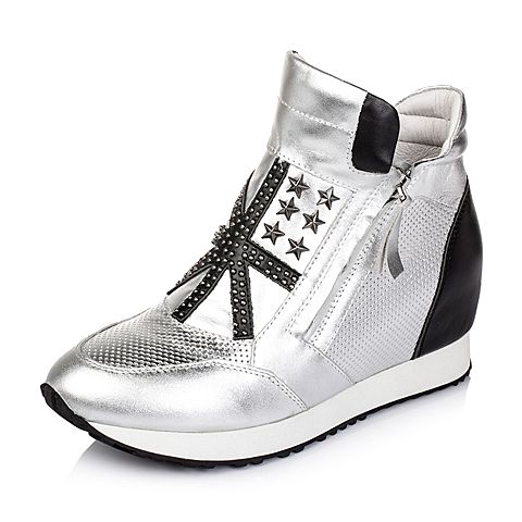 Teenmix/天美意冬季专柜同款银/黑色牛皮女短靴2AL59DD5