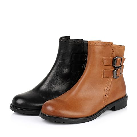 Teenmix/天美意冬季专柜同款棕色打蜡牛皮女靴（绒里）6A541DD5