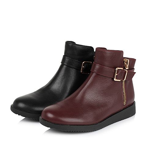 Teenmix/天美意冬季专柜同款黑色小牛皮革女皮靴（毛里）6US42DD5