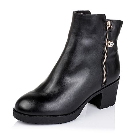 Teenmix/天美意冬季专柜同款黑色小牛皮革女皮靴（绒里）6VF46DD5