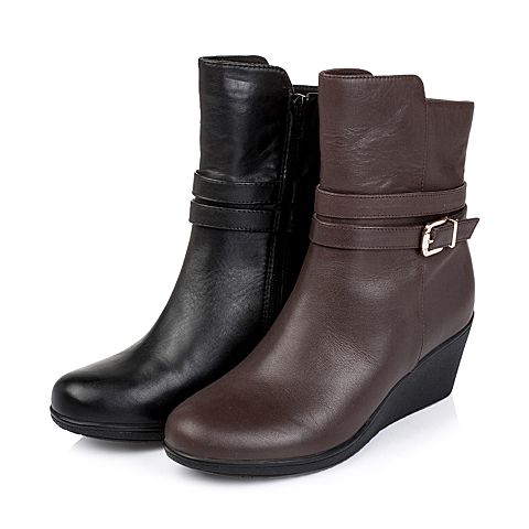Teenmix/天美意冬季专柜同款黑色小牛皮女靴（绒里）6E261DZ5