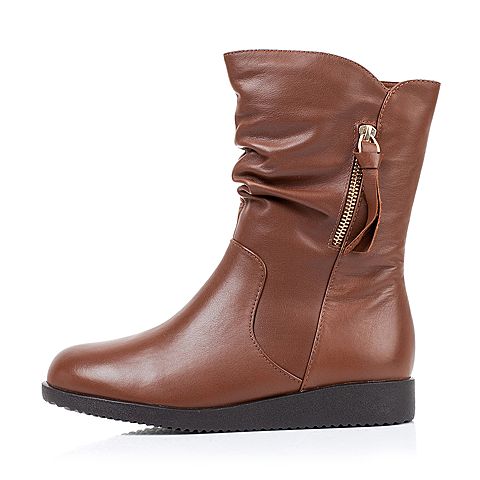 Teenmix/天美意冬季专柜同款啡色小牛皮女靴（毛里）6US66DZ5