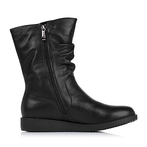 Teenmix/天美意冬季专柜同款黑色牛皮女靴（毛里）6US66DZ5