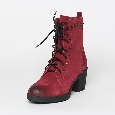 Teenmix/天美意冬季专柜同款酒红色二层牛皮女中靴6VF61DZ5