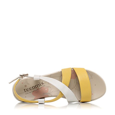 Teenmix/天美意夏专柜同款黄/白色羊皮时尚撞色舒适厚底女凉鞋6XY05BL5