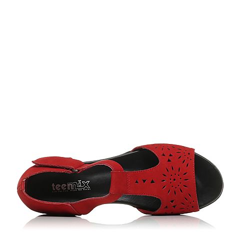 Teenmix/天美意夏专柜同款红色磨砂牛皮时尚镂花女凉鞋AK312BL5