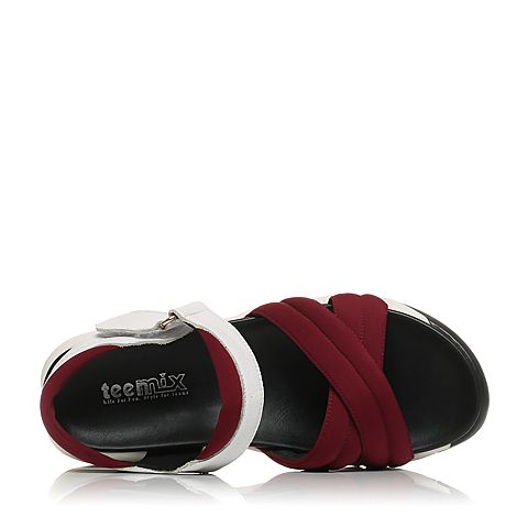 Teenmix/天美意夏专柜同款红/白色牛皮/弹力布时尚厚底运动风女凉鞋AK77TBL5