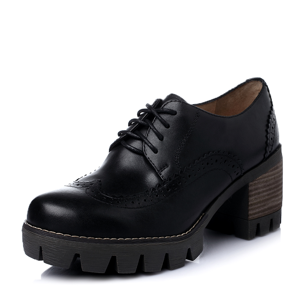 Teenmix/天美意专柜同款黑色牛皮时尚复古女单鞋6E820AM6