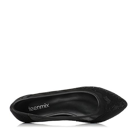 Teenmix/天美意春专柜同款黑色牛皮/绒布/网布女鞋AM351AQ6