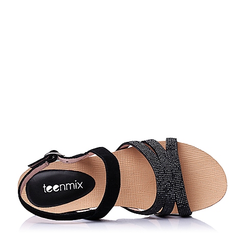 Teenmix/天美意夏季黑色山羊皮优雅时尚坡跟女凉鞋6YE03BL6