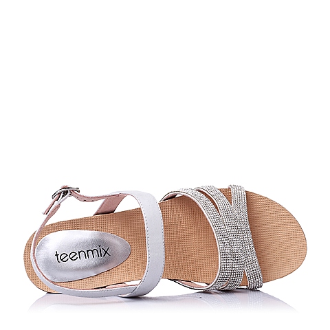 Teenmix/天美意夏季银/白色山羊皮优雅时尚坡跟女凉鞋6YE03BL6