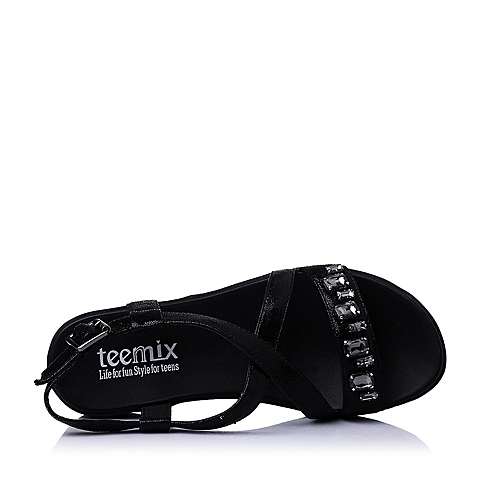 Teenmix/天美意夏专柜同款黑色山羊皮时尚钻饰条带舒适休闲女凉鞋6ZA06BL6