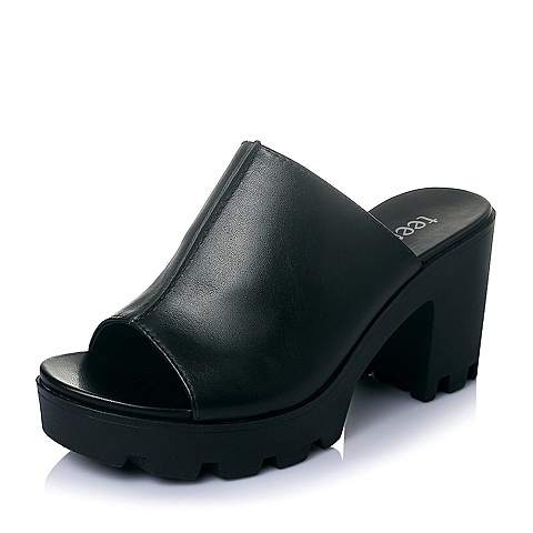 Teenmix/天美意夏专柜同款黑色牛皮时尚简约英伦慵懒风穆勒鞋女鞋6K201BT6