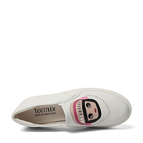 Teenmix/天美意秋季专柜同款白/粉/黑色牛皮/PU女单鞋6WG49CM6