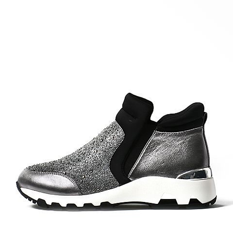 Teenmix/天美意冬季专柜同款银灰/黑色羊皮/纺织品女休闲靴6S340DD6
