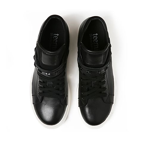 Teenmix/天美意冬季专柜同款黑色牛皮/纺织品女休闲靴6T240DD6