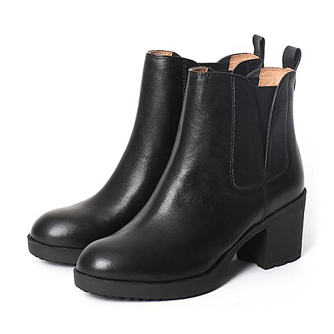 Teenmix/天美意冬季专柜同款黑色牛皮女短靴6VF48DD6