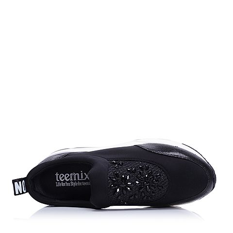 Teenmix/天美意秋专柜同款黑色羊皮/织物女休闲鞋6C121CM6