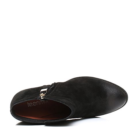 Teenmix/天美意冬季专柜同款黑色剖层牛皮简约通勤女短靴AO131DD6