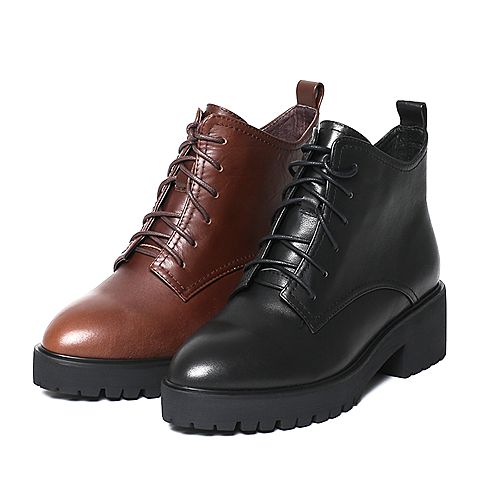 Teenmix/天美意冬季专柜同款黑色牛皮女短靴（皮里）AN851DD6
