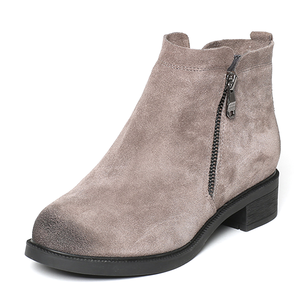 Teenmix/天美意冬专柜同款灰色剖层牛皮简约方跟女短靴女靴AO161DD6