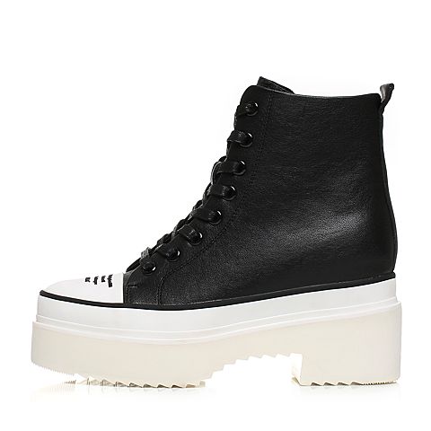 Teenmix/天美意冬专柜同款黑/白色牛皮个性字母时尚休闲女短靴AO252DD6