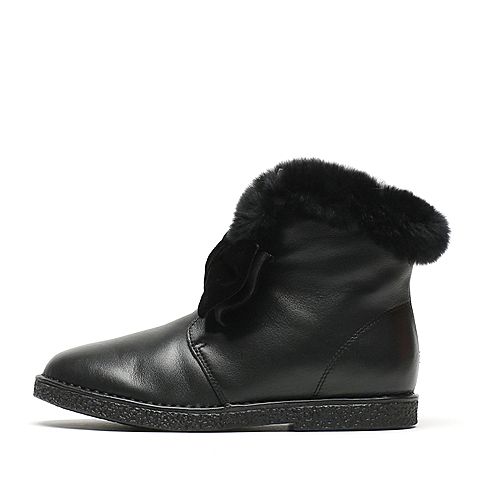 Teenmix/天美意冬季专柜同款黑色牛皮/兔毛/织物女休闲靴（绒里）AN761DD6