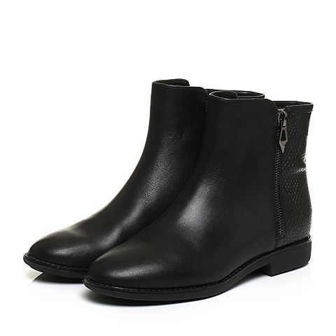 Teenmix/天美意冬专柜同款黑色小牛皮简约方跟女短靴（绒里）6D444DD6