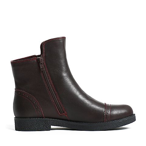 Teenmix/天美意冬专柜同款红色牛皮方跟女短靴（绒里）6Q340DD6