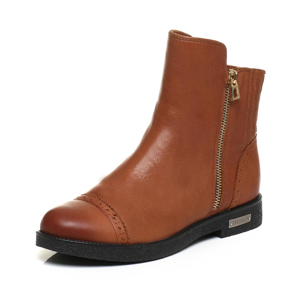 Teenmix/天美意冬专柜同款棕色牛皮方跟女短靴（绒里）6Q340DD6