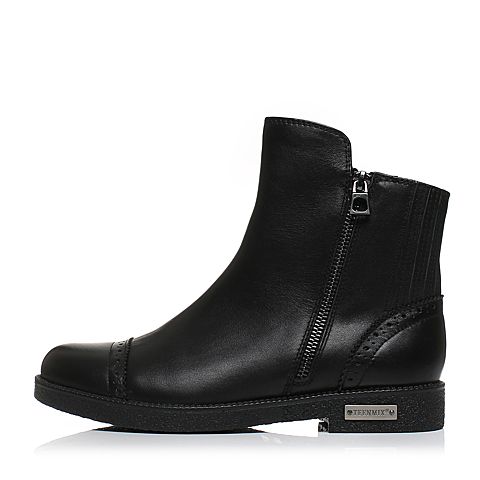 Teenmix/天美意冬专柜同款黑色牛皮方跟女短靴（绒里）6Q340DD6