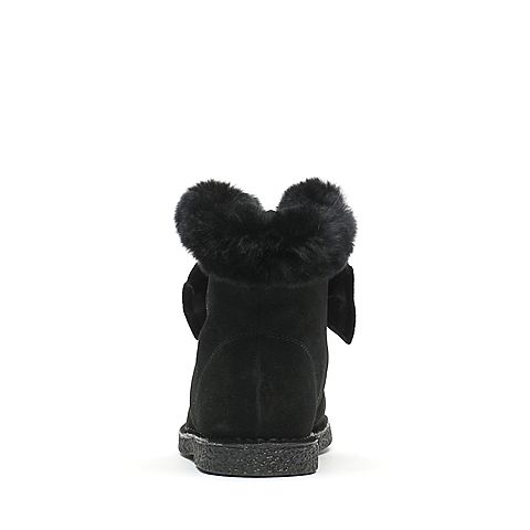 Teenmix/天美意冬季专柜同款黑色牛剖层皮/兔毛/织物女休闲靴（绒里）AN761DD6