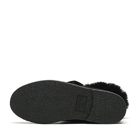Teenmix/天美意冬季专柜同款黑色牛剖层皮/兔毛/织物女休闲靴（绒里）AN761DD6