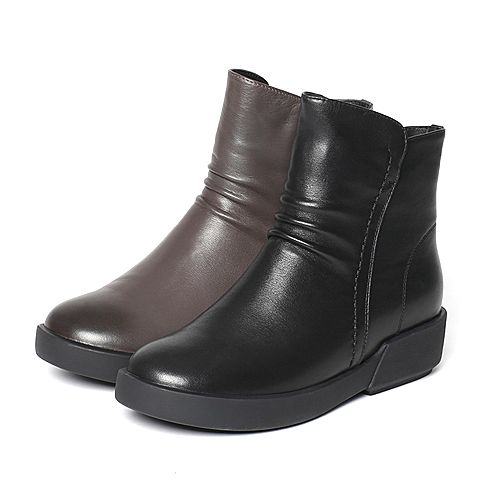 Teenmix/天美意冬专柜同款黑色牛皮舒适小方跟女短靴女靴(绒里)AN951DD6