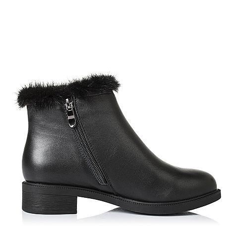Teenmix/天美意冬季专柜同款黑色牛皮/貂毛女短靴（绒里）AO601DD6