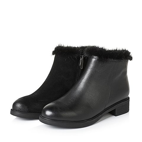 Teenmix/天美意冬季专柜同款黑色牛皮/貂毛女短靴（绒里）AO601DD6