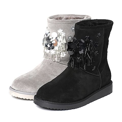 Teenmix/天美意冬专柜同款黑色牛剖层皮雪地靴女靴(仿毛里)AN781DZ6