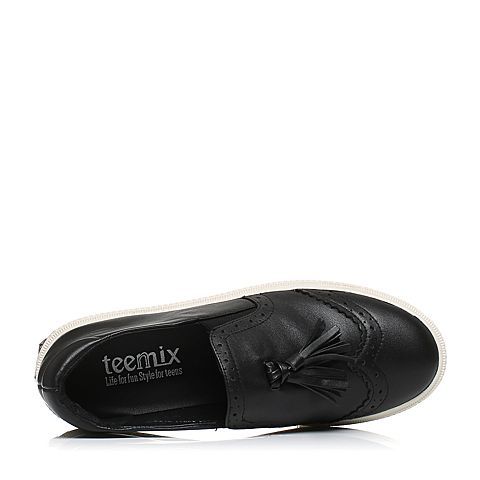 Teenmix/天美意秋季专柜同款黑色牛皮流苏布洛克鞋女休闲鞋6WG44CM6