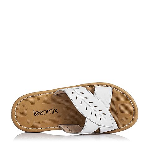 Teenmix/天美意夏季专柜同款白色牛皮女拖鞋AM75TBT6