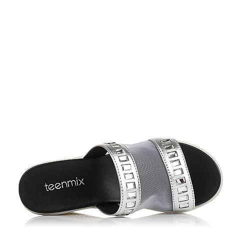 Teenmix/天美意夏季专柜同款银色贴膜牛皮/网布女拖鞋AM97TBT6