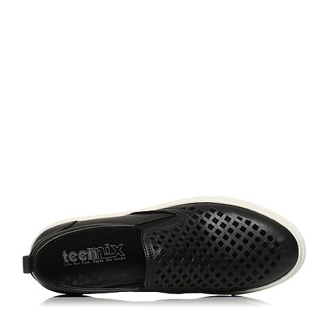Teenmix/天美意夏季专柜同款黑色牛皮/织物乐福鞋男鞋1WP0TBM6